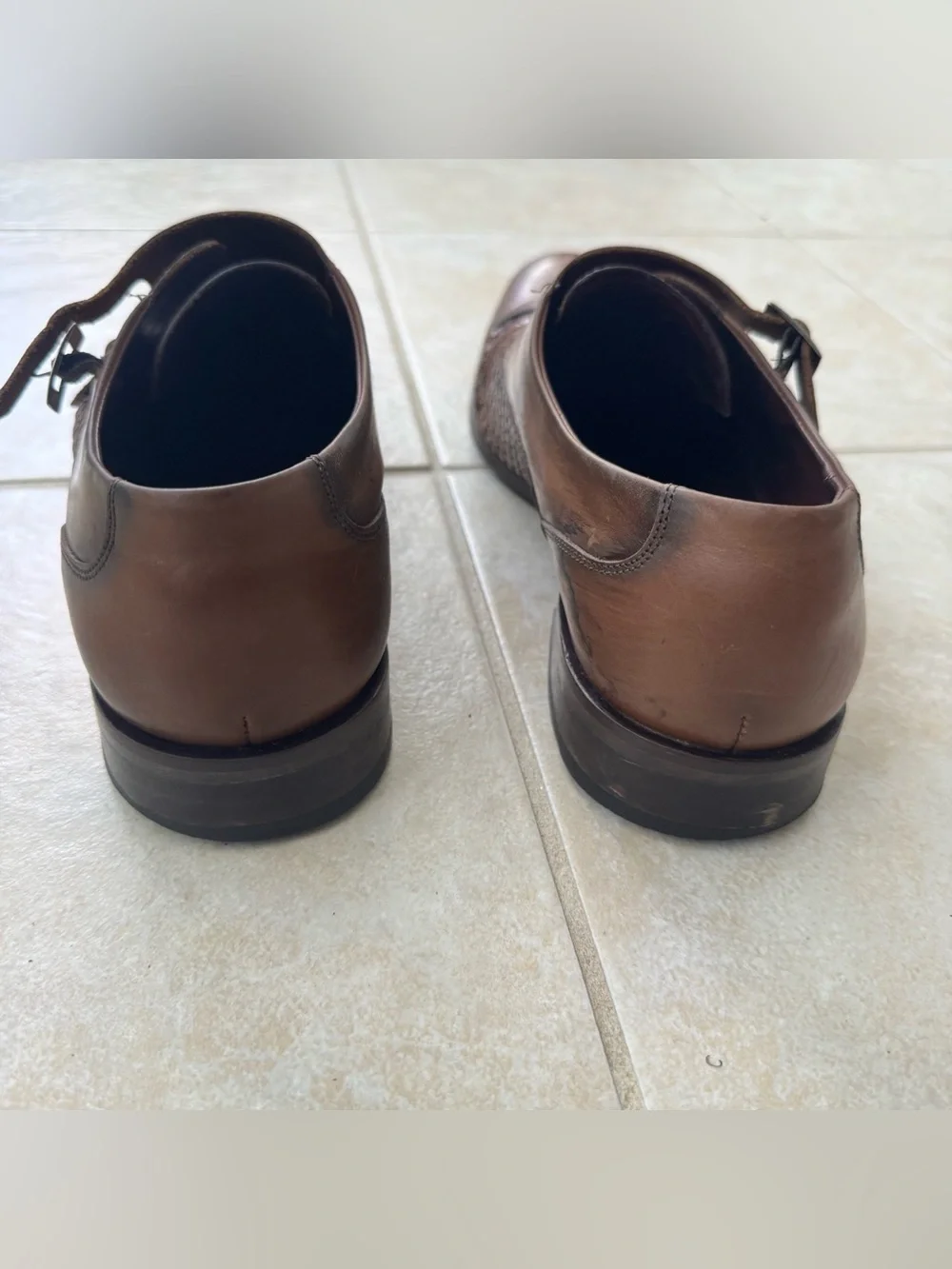 Studio Belvedere Mens 10 Double Monk Strap Buckle Woven Cognac Leather Shoes